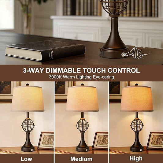 Table Lamps for Living Room Set of 2, Farmhouse Touch Lamps for Nightstand with USB A+C, 26.5" Rustic Bedside Lamp for Bedroom End Tables