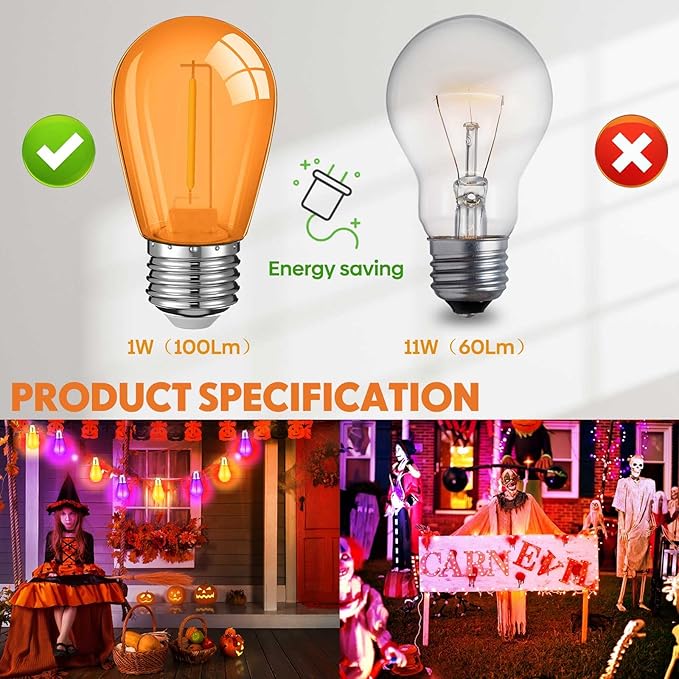 Mudder 60 Pack Light Bulbs 1w Replacement LED Light Bulbs S14 Shatterproof Waterproof String Lights Outdoor Indoor LED Lights Patio Bulb, E26 110v Regular Base(Purple and Orange,60 Pack)