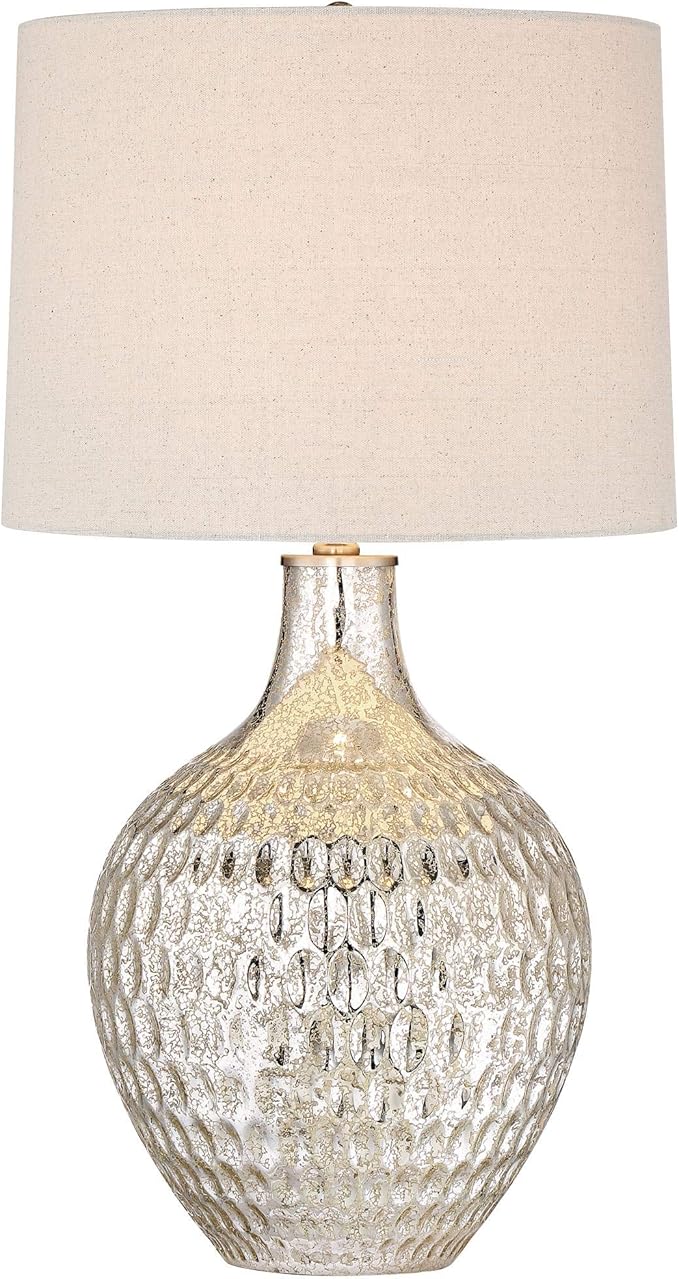 360 Lighting Waylon Modern Table Lamp 28" Tall with USB Charging Port Mercury Glass Dimpled Textured Off White Drum Shade for Bedroom Living Room House Home Bedside Nightstand Office Family