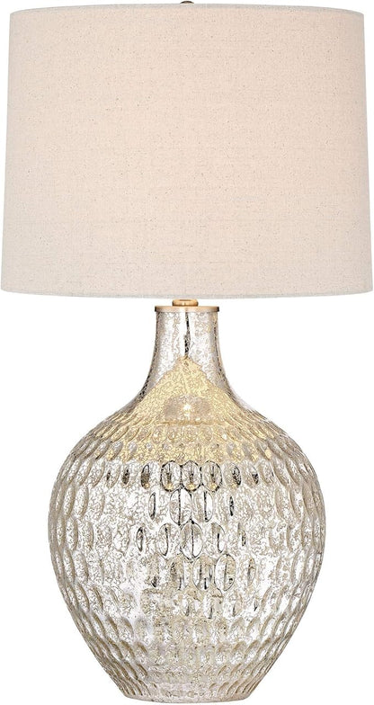 360 Lighting Waylon Modern Table Lamp 28" Tall with USB Charging Port Mercury Glass Dimpled Textured Off White Drum Shade for Bedroom Living Room House Home Bedside Nightstand Office Family