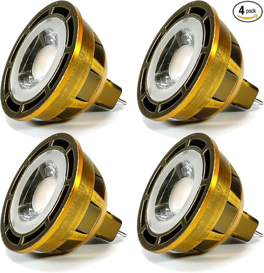 SunLight2® Premium Edition | MR16 LED Bulb 7W | 12V AC | 3000K to 1800K Dim to Warm | CRI 97+ | 36° Beam Angle Spotlight | Aged Brass Finish | 4 Pack | Energy Efficient Flicker Free