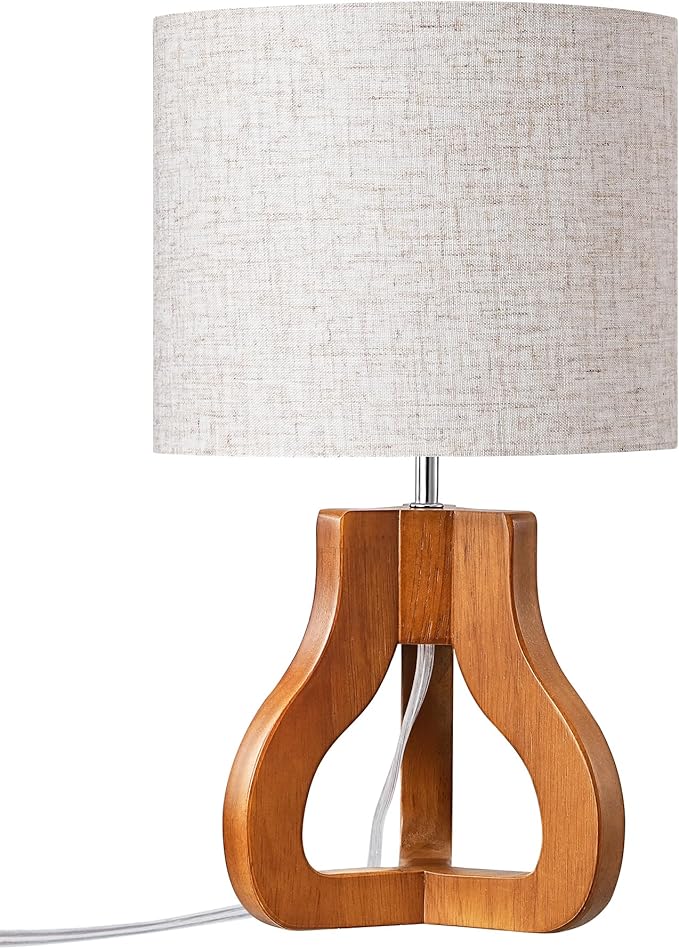 EDISHINE 14.6" Modern Table Lamp, Rose Wood Tripod Nightstand Lamp for Bedroom, Beige Linen Shade, Small Cute Bedside Lamp for Living Room, Office, On-Off Line Switch, E26 Base(Bulb Not Included)