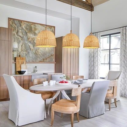 3-Light Rattan Pendant Light,13.77" Rustic Oval Hanging Light,Wicker Pendant Light Hand-Woven Rattan Chandelier for Public Place Dining Living Bedroom Kitchen Farmhouse