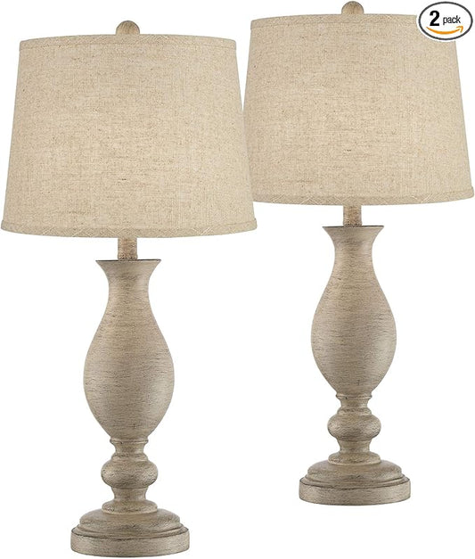 Regency Hill Serena Traditional Country Cottage Table Lamps 27.5" Tall Set of 2 Beige Gray Faux Wood Cream Burlap Fabric Drum Shade for Living Room Bedroom House Bedside Nightstand Home