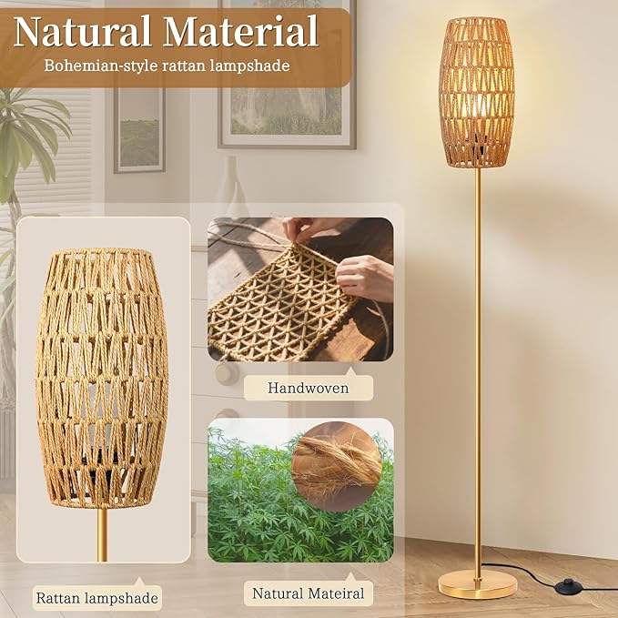 Floor Lamp for Living Room,Farmhouse Floor lamp,Modern Standing lamp with Hand-Worked Rattan Shade (Drum Rattan Shade Body Gold Color-3 Color Bulb)