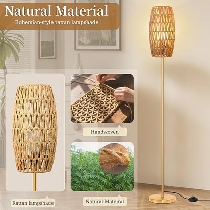 Floor Lamp for Living Room,Farmhouse Floor lamp,Modern Standing lamp with Hand-Worked Rattan Shade (Drum Rattan Shade Body Gold Color-3 Color Bulb)
