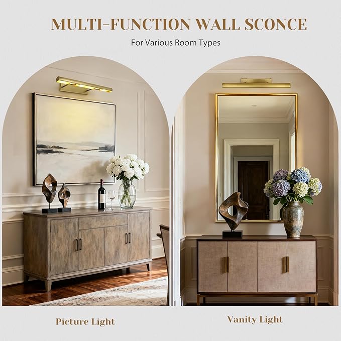 Brass Picture Lights for Wall, 30" Linear Picture Light Hardwired, 4-Light Brush Gold Art Light, Dimmable Gallery Light for Paintings, Warm White 270° Picture Frame Lights for Bathroom, Living Room