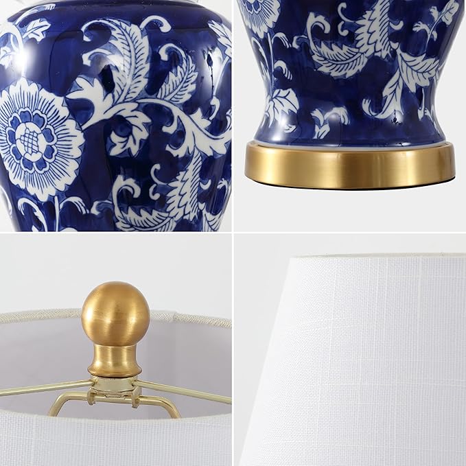 JONATHAN Y JYL3005D 22" French Country Ginger Jar Table Lamp, Navy and White Chinoiserie Ceramic Bedside Lamp for Living Room, Traditional Bedroom Nightstand with White Linen Shade, LED Bulb Included