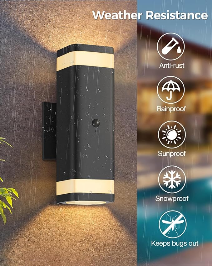 RAYVO Motion Sensor Outdoor Lights, Modern Dusk to Dawn Exterior Up and Down Sconce with Black Finish, Waterproof Wall Mount Lighting for Porch Garage, Bulbs Included