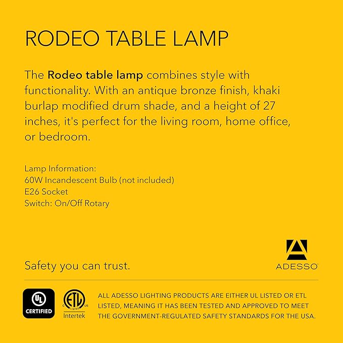 Adesso Rodeo Table Lamp with 180 Degree Adjustable Arm and Shade, Antique Bronze and Burlap, 27” Height, Versatile Bedside Table or Desk Lamp