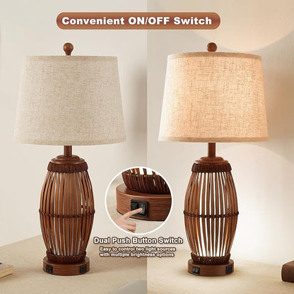27” Vintage Bamboo Woven Table Lamps Set of 2, Farmhouse Rattan Bedside Lamps for Bedroom Livingroom Office Study with Nightlight and USB A+C, Bulbs Included
