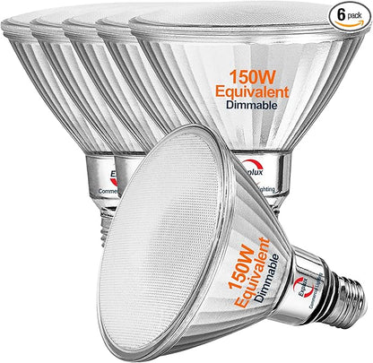 Explux Commercial-Grade LED PAR38, 150W Equivalent, 1550 Lumens, 40000 Hours, Dimmable, Classic Full Glass Flood Light Bulbs, Waterproof & Anti-Ageing, Soft White 2700K, 6-Pack
