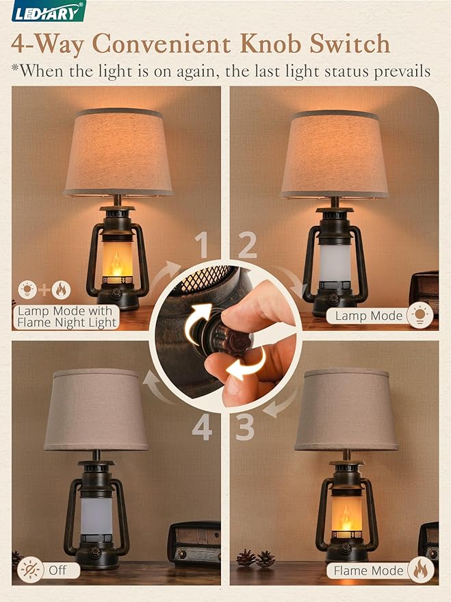 LEDIARY 18.72" LED Vintage Lantern Flickering Flame Table Lamps for Bedrooms Set of 2, Farmhouse Rustic Vintage End Table Lamps, Rustic Retro Bedside Nightstand Desk Lamp for Living Room