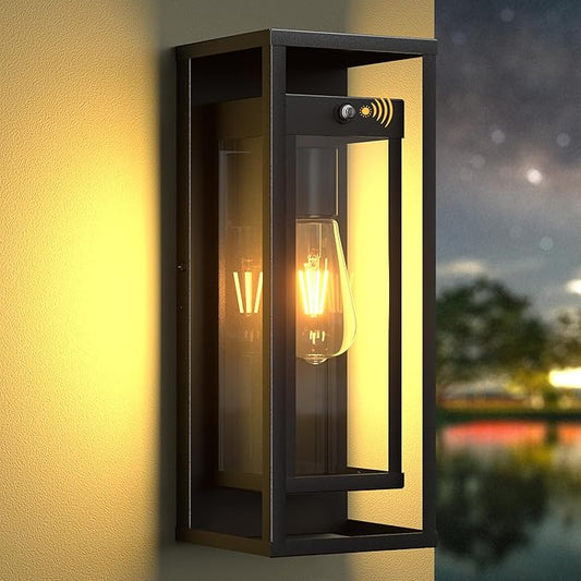 15in Dusk to Dawn Outdoor Wall Sconce-Black Modern Exterior Lighting Fixture Waterproof Porch Lights Large Outside Lantern Wall Mounted for Coach Doorway Patio E26 Base