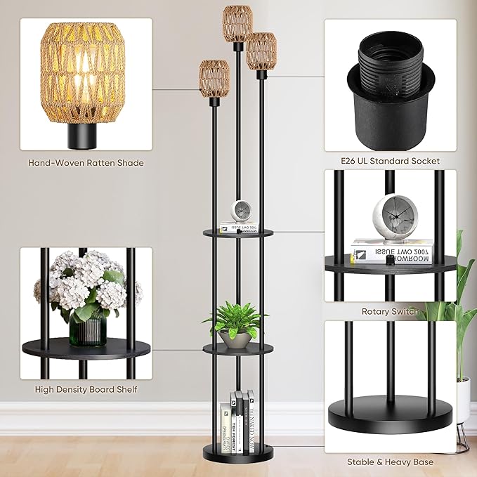 WIHTU 70" Boho Floor Lamp, Dimmable Rattan Floor Lamp with Shelves, 3 Lights Rustic Tall Lamps with Rotary Switch, Farmhouse Standing Lamps for Living Room, Bedroom，Office (Includes 3 Bulbs)