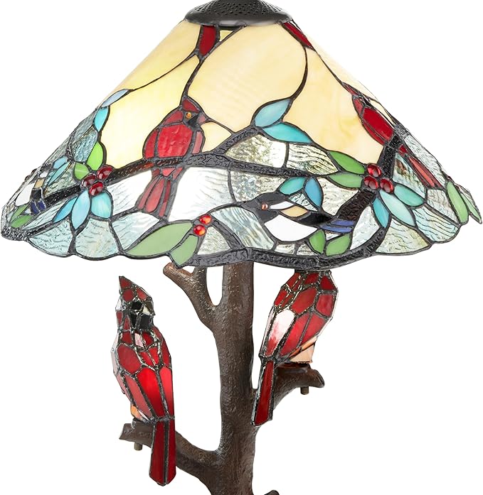 RIVER OF GOODS - Stained Glass Triple Lit Cardinals on Tree Table Lamp - 23.75" in - Table Lamp for Bedroom - Bedside Lamp - Desk Lamps for Home Office - Tiffany Style - Multi Color