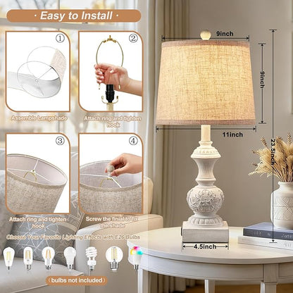 23.5" Set of 2 Farmhouse Table Lamps for Bedroom Bedside Lamp with USB A+C Ports Vintage Nightstand Lamps Antique Carved Floral Side Table Lamp for Living Room Office, White, Bulb Not Include