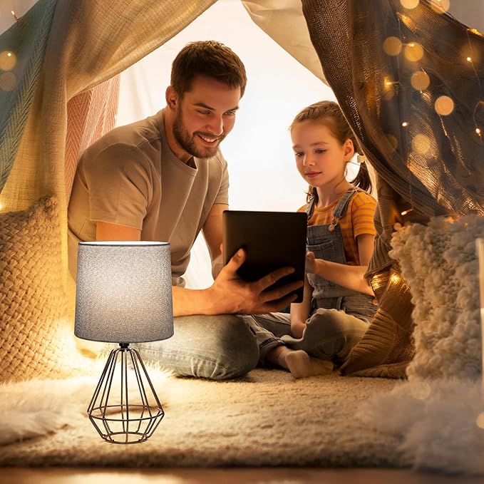 GGOYING Set of 2 Bedside Table Lamp, Black Metal Modern Lamp with Grey Fabric Shade, Simple Side Lamp for Living Room,Bedroom,Home,Office Working