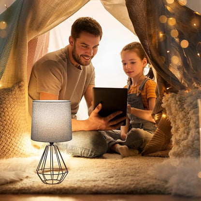 GGOYING Set of 2 Bedside Table Lamp, Black Metal Modern Lamp with Grey Fabric Shade, Simple Side Lamp for Living Room,Bedroom,Home,Office Working