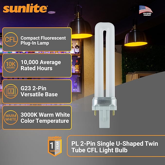 Sunlite PL9/SP30K Compact Fluorescent PL 2-Pin Single U-Shaped Twin Tube, 9 Watts, 120 Volts, 530 Lumens, 3000K Warm White, 2-Pin G23 Base, 10 Pack