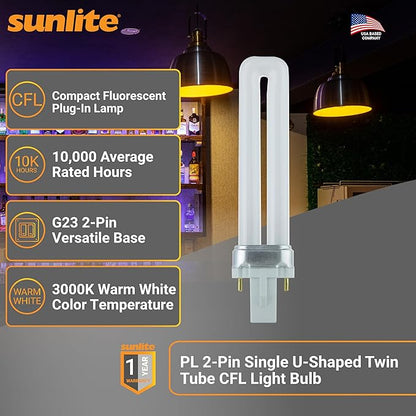 Sunlite PL9/SP30K Compact Fluorescent PL 2-Pin Single U-Shaped Twin Tube, 9 Watts, 120 Volts, 530 Lumens, 3000K Warm White, 2-Pin G23 Base, 10 Pack