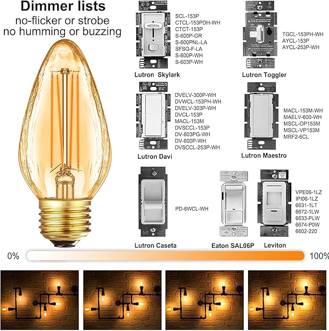 Leools F15 8W Led Porch Light Bulb Outdoor, E26 Medium Base LED Post Bulb for 75W Incandescent Equivalent,Dimmable 2700K Warm White Flame Wrinkle Amber Glass, for Ceiling Fan and Lantern Lamp, 6-Pack