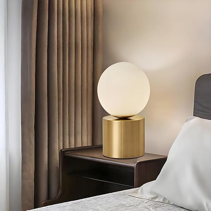 Mid Century Modern Table Lamp with Gold for Bedroom Bedside Night Light White Glass Globe Table Lamp for Bedroom Living Room and Office