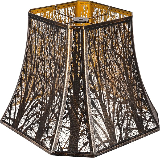 Metal Bell Lamp Shade, Large Lampshade (Spider Fitter) Square Cut Corner, Etched Forest Lamp Shades for Table Lamps and Floor Lamps, Bronze Gold Tree Pattern, 8" Top x 14" Bottom x 11" High