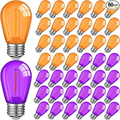 Mudder 60 Pack Light Bulbs 1w Replacement LED Light Bulbs S14 Shatterproof Waterproof String Lights Outdoor Indoor LED Lights Patio Bulb, E26 110v Regular Base(Purple and Orange,60 Pack)