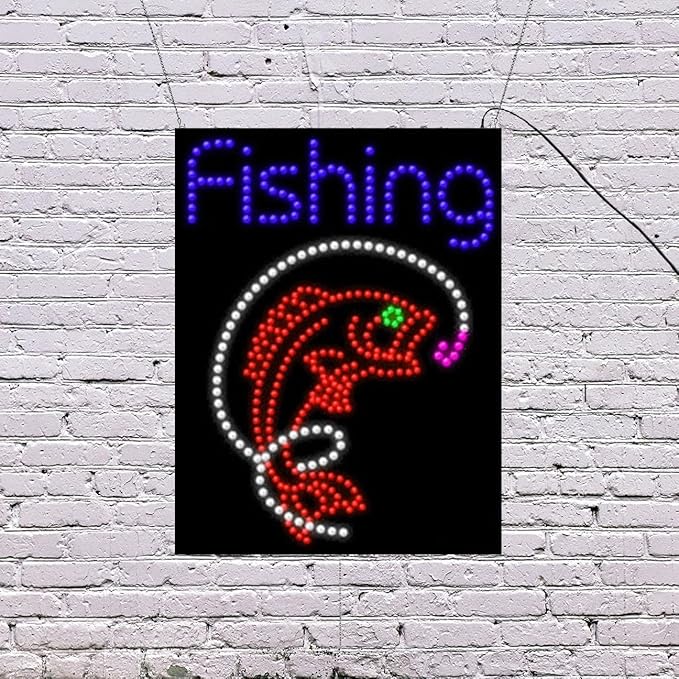 LED Fishing Sign for Retail Business Displays |Advertising Electronic Light Up Sign for Windows Walls | 26"H x 20"W x 2"D
