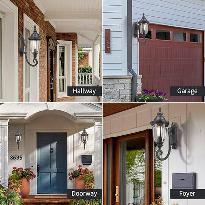 Outdoor Light Fixtures Wall Mounted Black Porch Sconces Clear Glass Shades E26 Sockets Exterior Weatherproof Lanterns Modern Porch Lights Wall Mount Outside Lights for House, Patio, Doorway