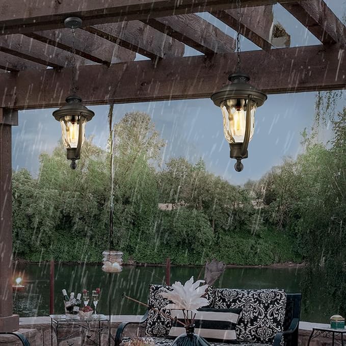 Outdoor Pendant Lights,Modern Exterior Hanging Porch Light,Height Adjustable Outside Hanging Lantern Matte Black Vintage for Enterance,Gazebo, Foyer, Water Ripple Glass Lamp Shade