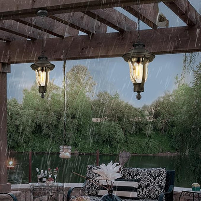 Outdoor Pendant Lights,Modern Exterior Hanging Porch Light,Height Adjustable Outside Hanging Lantern Matte Black Vintage for Enterance,Gazebo, Foyer, Water Ripple Glass Lamp Shade