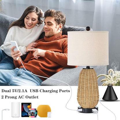 Touch Control Rattan Table Lamp, 3 Way Dimmable Bedside Lamp for Bedroom with 2 USB Ports and AC Outlet, Nightstand Lamps for Living Room(LED Bulbs Included), Grass-1PK