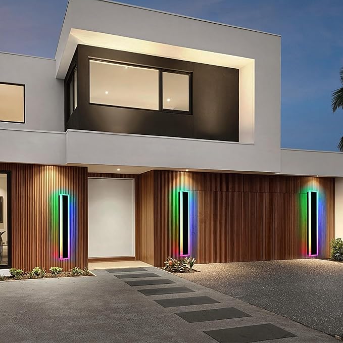 BONLICHT 1 Pack Long Outdoor RGB Wall Light Black Modern LED Exterior Wall Sconce 32In IP65 Waterproof Linear Exterior Wall Mount Lighting for House Porch Courtyard Garage (Remote Control Included)