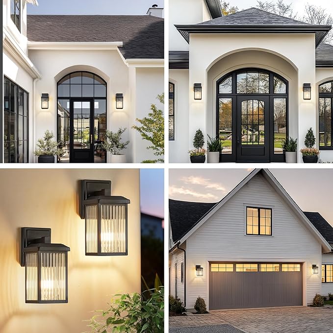 Refice 2-Pack Outdoor Wall Light Fixtures,Waterproof Outdoor Wall Lantern,Wall Mount Exterior Porch Lights, Textured Glass Outside Lights for Patio, Garage, Doorway, Front Door, Black
