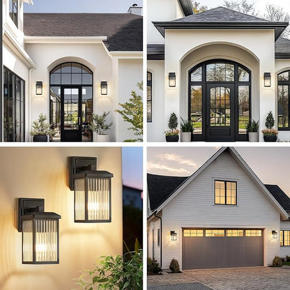 Refice 2-Pack Outdoor Wall Light Fixtures,Waterproof Outdoor Wall Lantern,Wall Mount Exterior Porch Lights, Textured Glass Outside Lights for Patio, Garage, Doorway, Front Door, Black