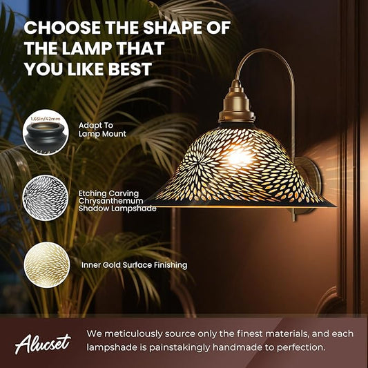 Ceiling Fan Light Covers, Pendant Light Shade Replacement with 1.65" Fitter, ALUCSET 5.5" Height and 12.2" Diameter, Metal Bell Cover for Chandelier Wall Sconces Etched Chrysanthemum Black and Gold