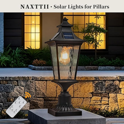 Solar Lamp Post Light Aluminum 20.7 Inch Large Size Outdoor Post Lights Hard Wired with Water Ripple Glass Black Lamp Posts Outdoor Lighting with Remote Control and LED Bulb