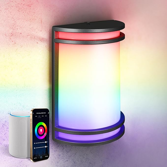 ASD 10 Inch Smart RGBW LED Outdoor & Indoor Wall Mount Light Fixture - Black RGB Wall Sconce Exterior Lighting - 120-277V 15W 2700-6500K Dimmable, Remote Control, Alexa - Front Door, Patio ETL