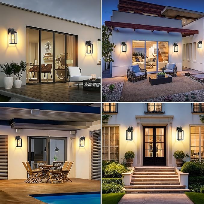 BesLowe 2-Pack Dusk to Dawn Outdoor Wall Lights, Modern Porch Lights Outdoor Sconces with Seeded Glass, Matte Black Exterior Lighting Fixtures Wall Mount, Outside Lights for House Front Door Garage