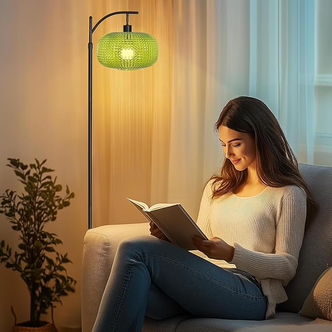 Floor Lamp for Living Room with Green Glass Shade, Modern Standing Lamp with Remote Control, Black Dimmable Tall Lamp for Bedroom Office with 12 LED Bulb