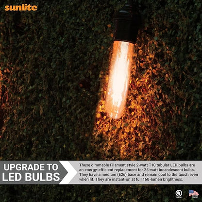 Sunlite LED Filament T10 Tubular Light Bulb, 2 Watts (25W Equivalent), 160 Lumens, Medium E26 Base, 120 Volts, Dimmable, 90 CRI, UL Listed, Clear, 2700K Soft White, 10 Pack