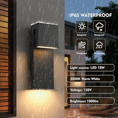 Modern LED Outdoor Wall Light 3000K 18W IP65 Waterproof Integrated LED Outdoor Wall Sconce Anti Rust Black Porch Lights Exterior Lighting Outside Lights Fixture for Garage,Balcony,Backyard 2PACK