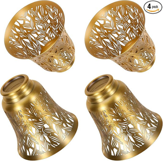 Pendant Light Shades, 4 Pack Ceiling Fan Light Shade Replacements with 1-5/8" Fitter, ALUCSET 4.72" Height 4-3/4" Diameter, Metal Bell Shaped Cover for Chandelier Wall Sconces,Yellow Brass&Gold Plated