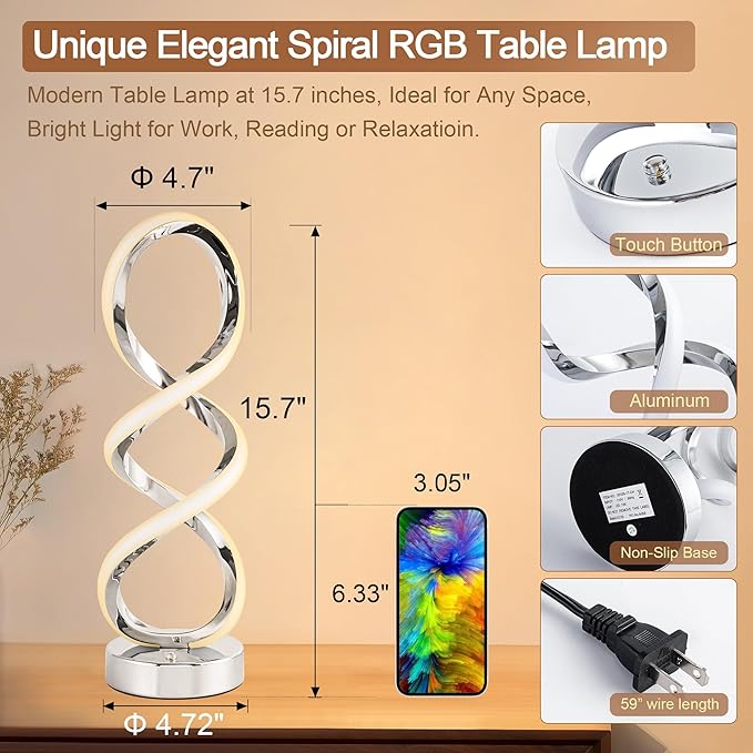 Modern Spiral RGB Table Lamp, Touch Dimmable Bedside Lamp, 7 Colors 10 Light Modes Spiral Design Table Lamp, Unique Nightstand Lamp for Living Room, Bedroom, Cool Lamps, Sliver