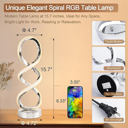 Modern Spiral RGB Table Lamp, Touch Dimmable Bedside Lamp, 7 Colors 10 Light Modes Spiral Design Table Lamp, Unique Nightstand Lamp for Living Room, Bedroom, Cool Lamps, Sliver