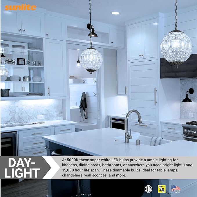 Sunlite LED B13 Torpedo Decorative Chandelier Light Bulb, 7 Watts (60W=), 500 Lumens, 120 Volts, Dimmable, E26 Base, 90 CRI, ETL Listed, Torpedo Frosted, Title-20, 5000K Daylight, 6 Pack
