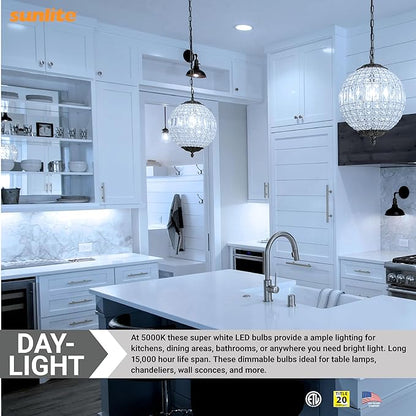Sunlite LED B13 Torpedo Decorative Chandelier Light Bulb, 7 Watts (60W=), 500 Lumens, 120 Volts, Dimmable, E26 Base, 90 CRI, ETL Listed, Torpedo Frosted, Title-20, 5000K Daylight, 6 Pack