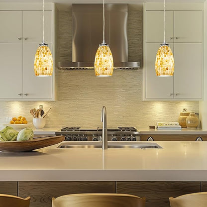 Kira Home Coast 9" Modern Oval Mini Pendant Light + Hand-Crafted Mosaic Sea Shell Glass, Brushed Nickel Finish/Neutral Color